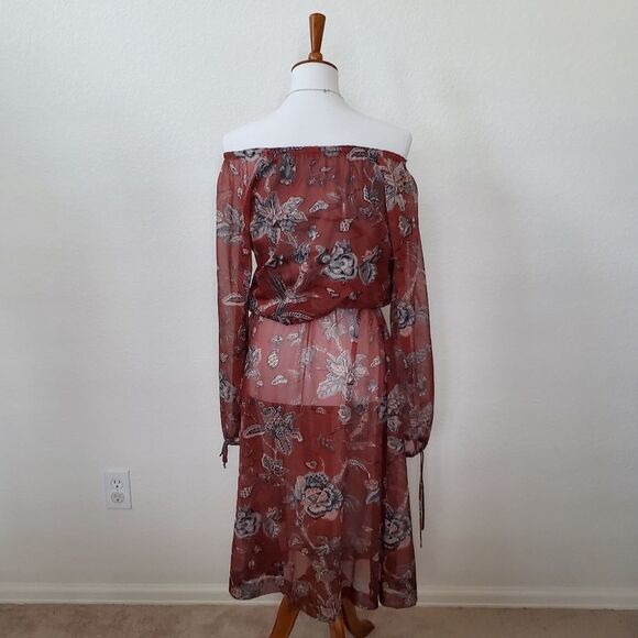 Vintage Boho Gypsy Sheer Cold Shoulder Sheer Flowy Floral Print Long Dress - Picture 3 of 8